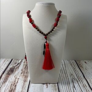Wood and Red Bead Handmade Mala Necklace